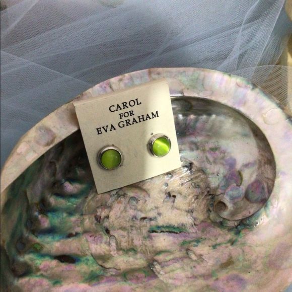Vintage Carol For Eva Graham Stud Pierced Earrings Silver & Green Round - Picture 3 of 13